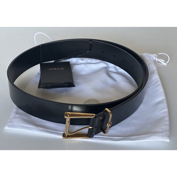 Versace Gold Buckle Black Calf Leather Belt 90 (36) Italy 1011124 NWT - Picture 11 of 14